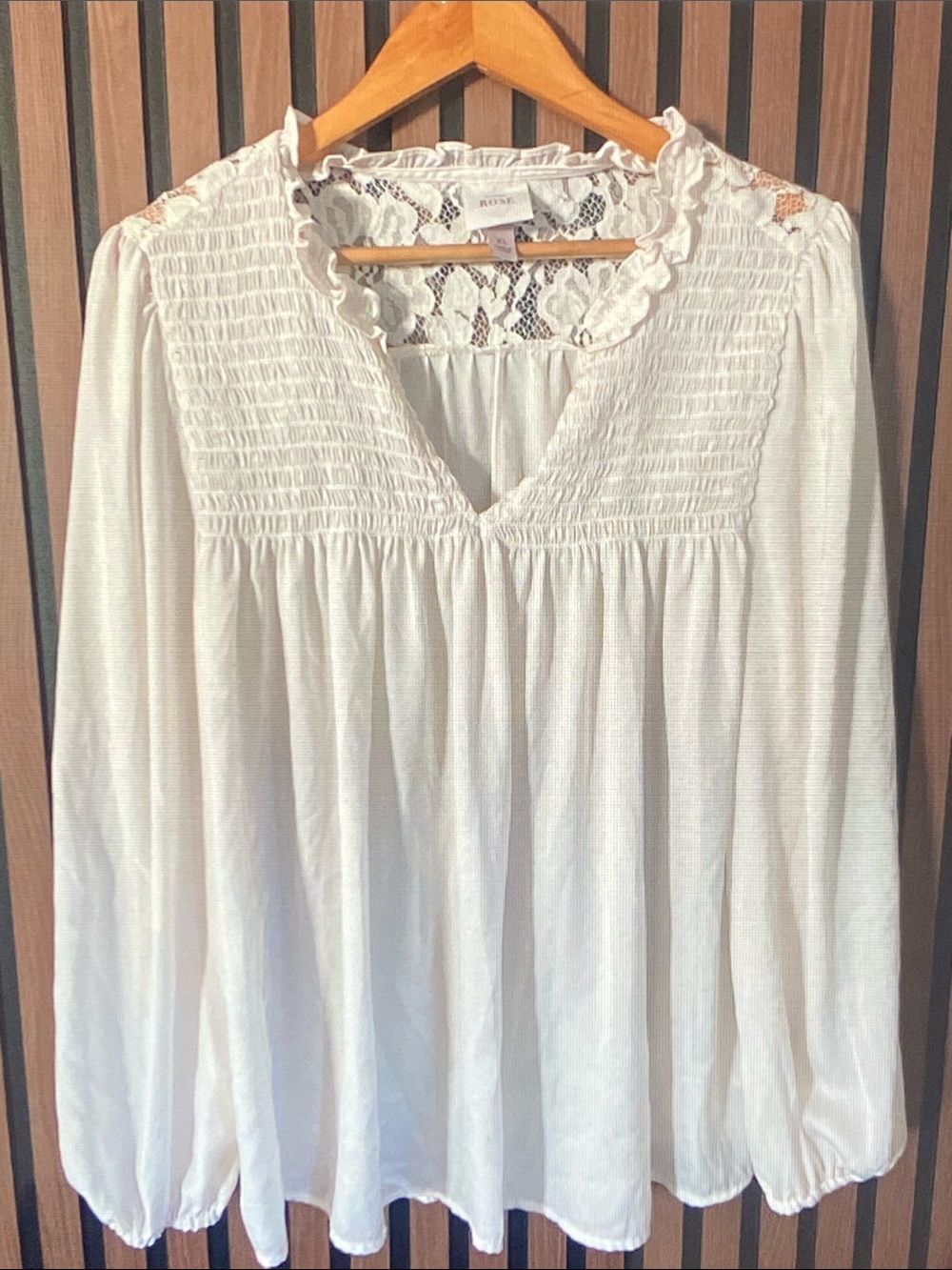 Knox Rose Cream Lace Yoke Smocked Peasant Top